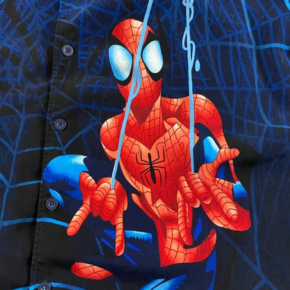 Vintage 2002 Spiderman Movie Promo Shirt Mens XL All Over Print Button Up Marvel - Picture 2 of 9